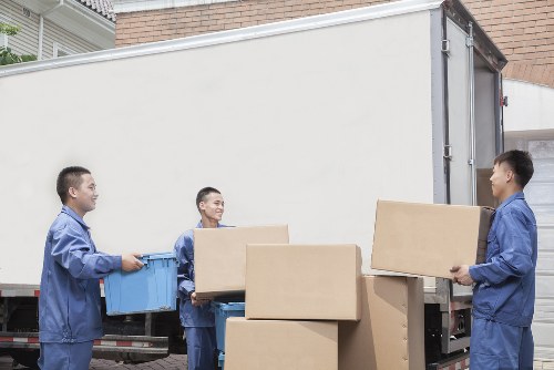 Packed office furniture and boxes prepared for commercial move